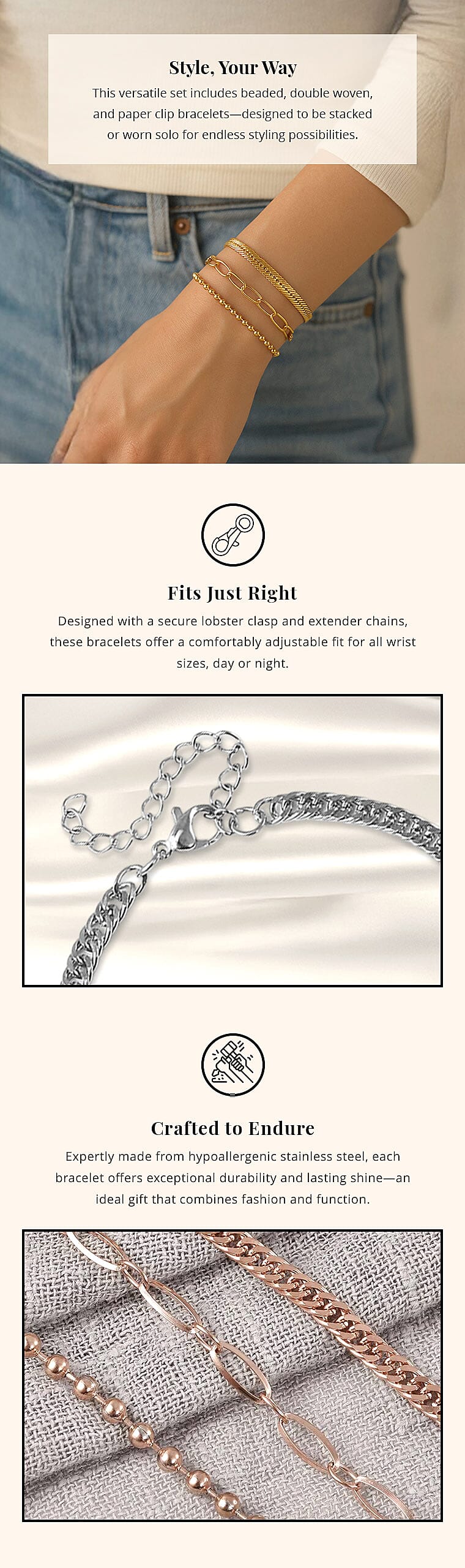 Set of 3 Beaded, Double Woven Four Sided & Paper Clip Bracelet Banner