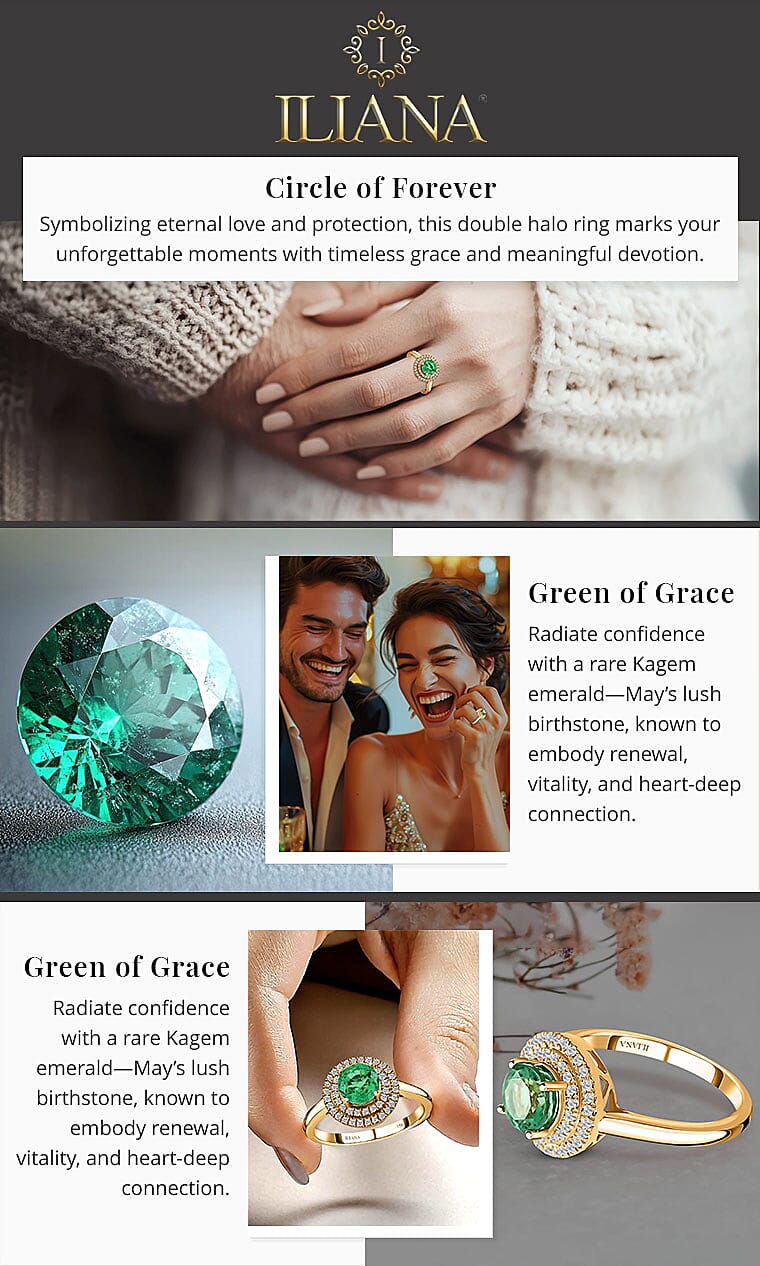 Iliana AAA Kagem Zambian Emerald and G-H SI Diamond 1.25 ctw Double Halo Ring Banner