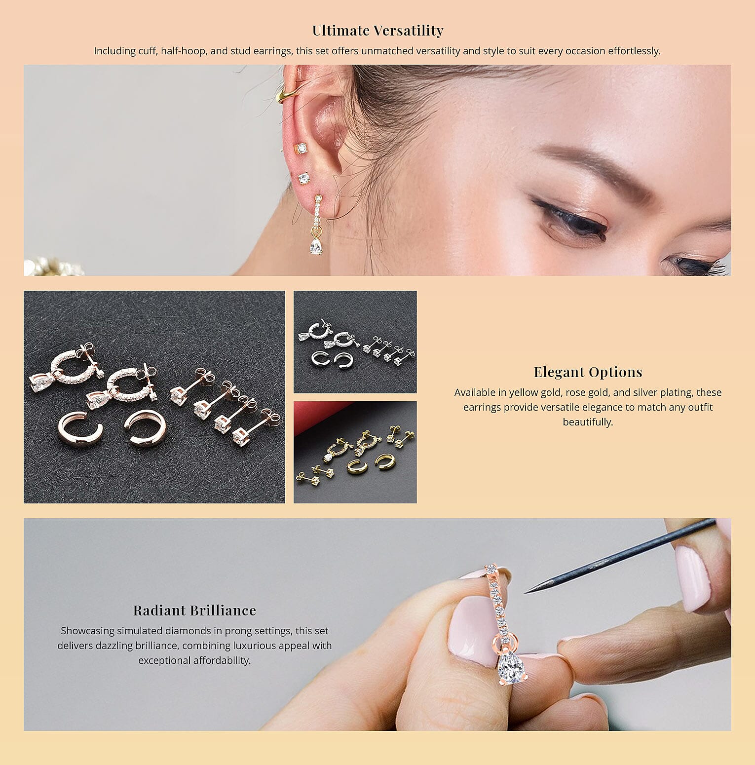 Set of 4 Simulated Diamond 2.85 ctw Earrings, Huggie Hoop Earrings with Tear Drop Interchangeable Charms Banner