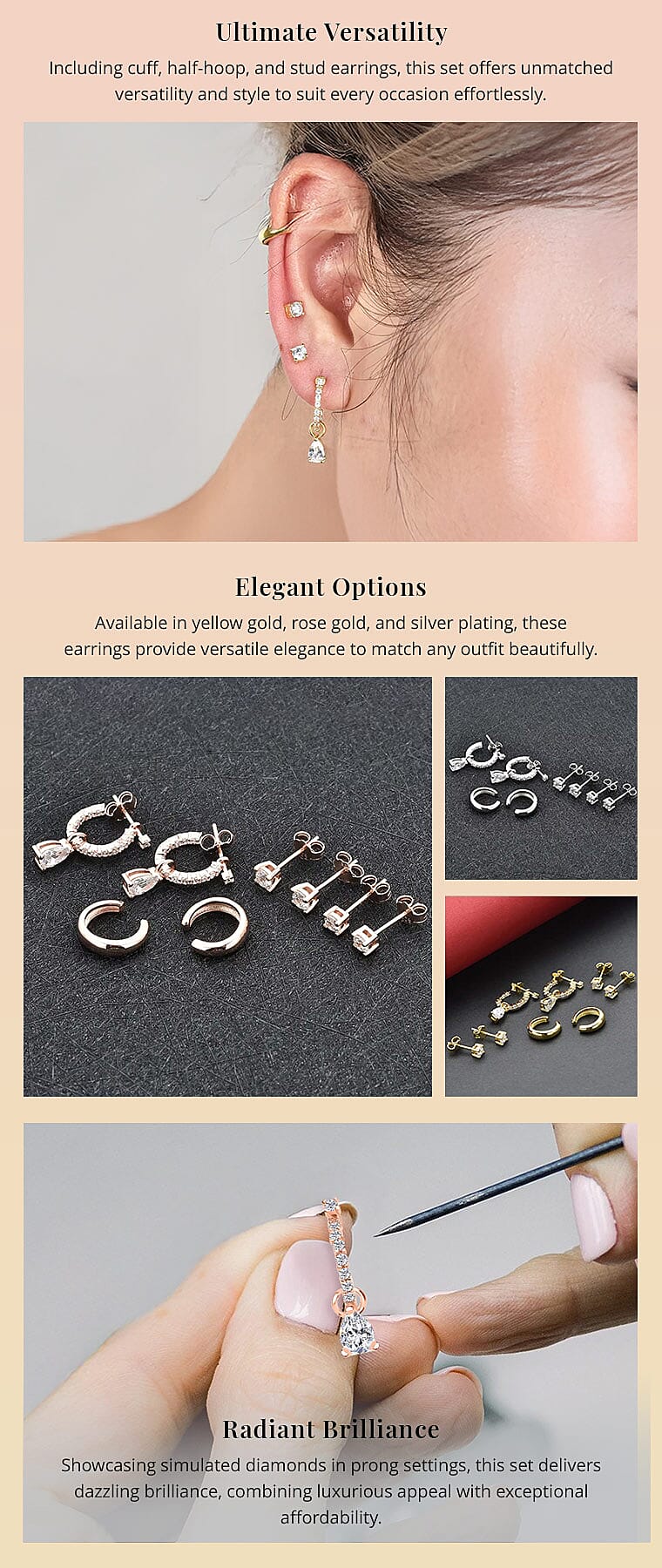 Set of 4 Simulated Diamond 2.85 ctw Earrings, Huggie Hoop Earrings with Tear Drop Interchangeable Charms Banner