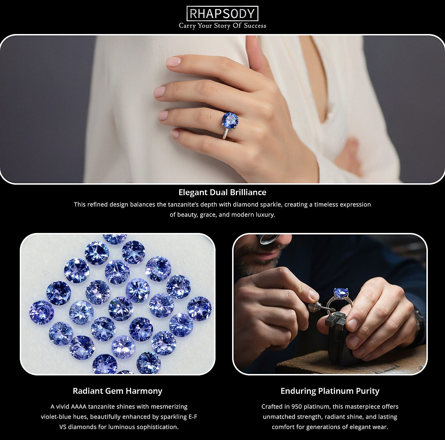 Certified and Appraised Rhapsody 950 Platinum AAAA Tanzanite and E-F VS Diamond Accent Solitaire Ring 7.92 Grams 5.00 ctw Banner
