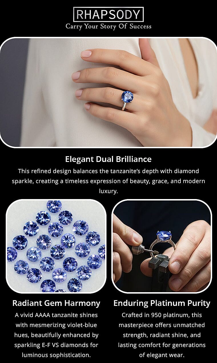 Certified and Appraised Rhapsody 950 Platinum AAAA Tanzanite and E-F VS Diamond Accent Solitaire Ring 7.92 Grams 5.00 ctw Banner
