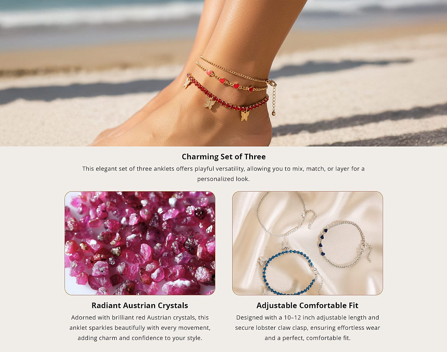 Red Austrian Crystal, Enameled Set of 3 Charms Anklet in Goldtone 10-12 Inches Banner