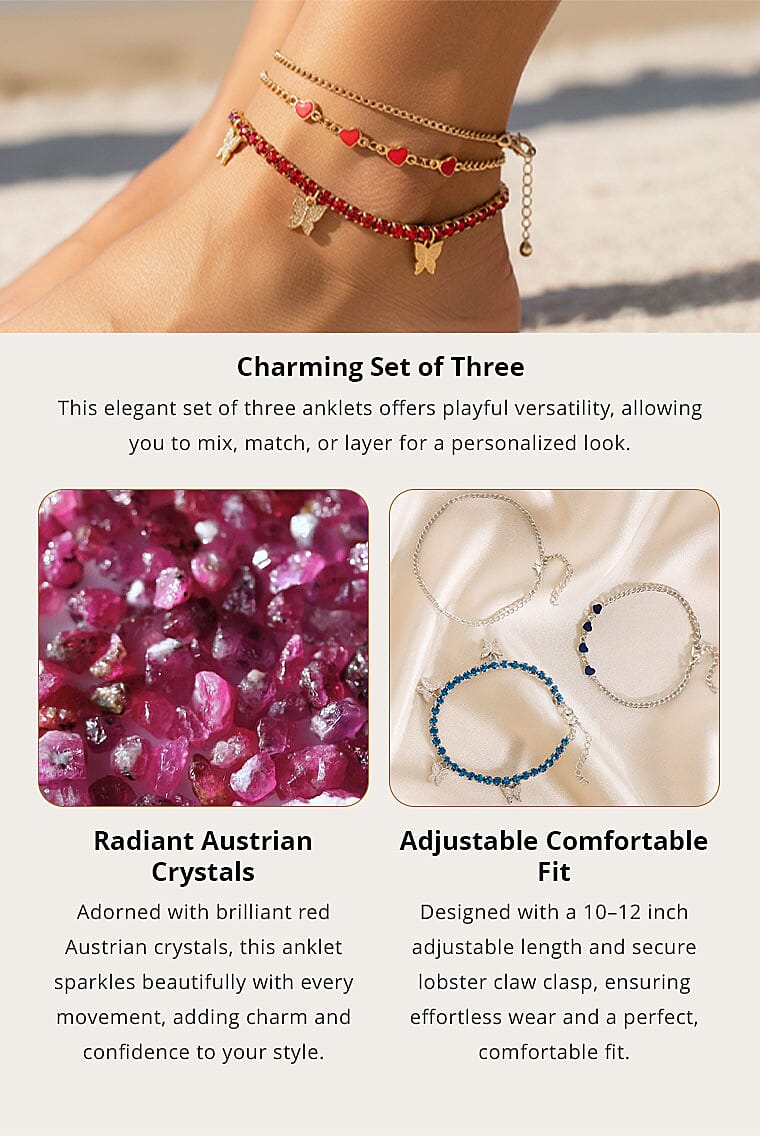 Red Austrian Crystal, Enameled Set of 3 Charms Anklet in Goldtone 10-12 Inches Banner