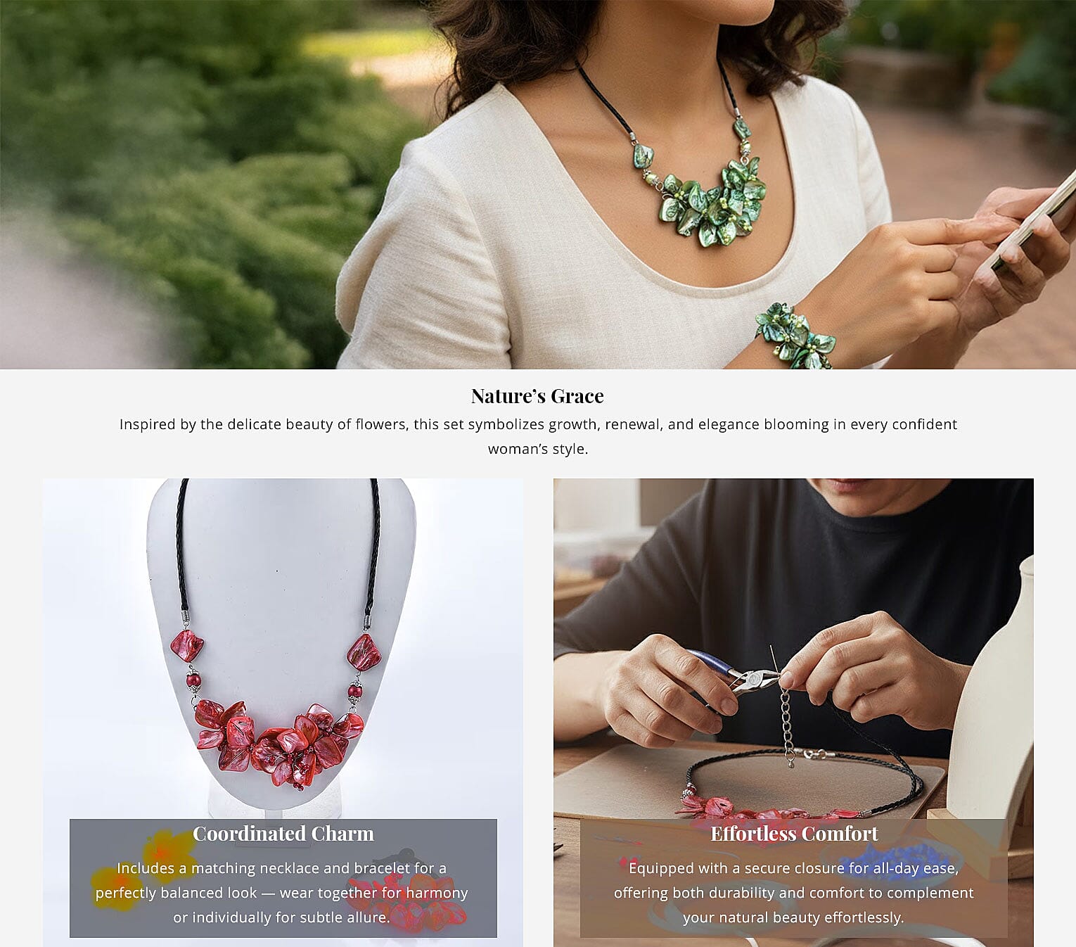 Green Seed Beaded Floral Necklace 20 Inches and Stretch Bracelet (8In) in Silvertone Banner