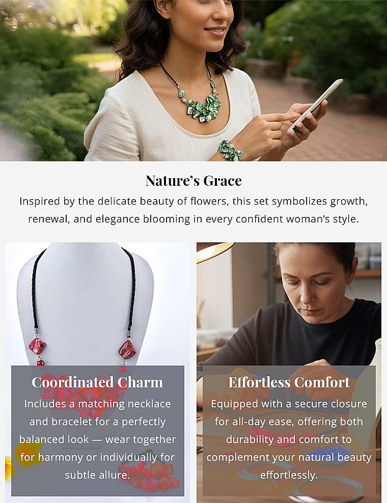 Green Seed Beaded Floral Necklace 20 Inches and Stretch Bracelet (8In) in Silvertone Banner