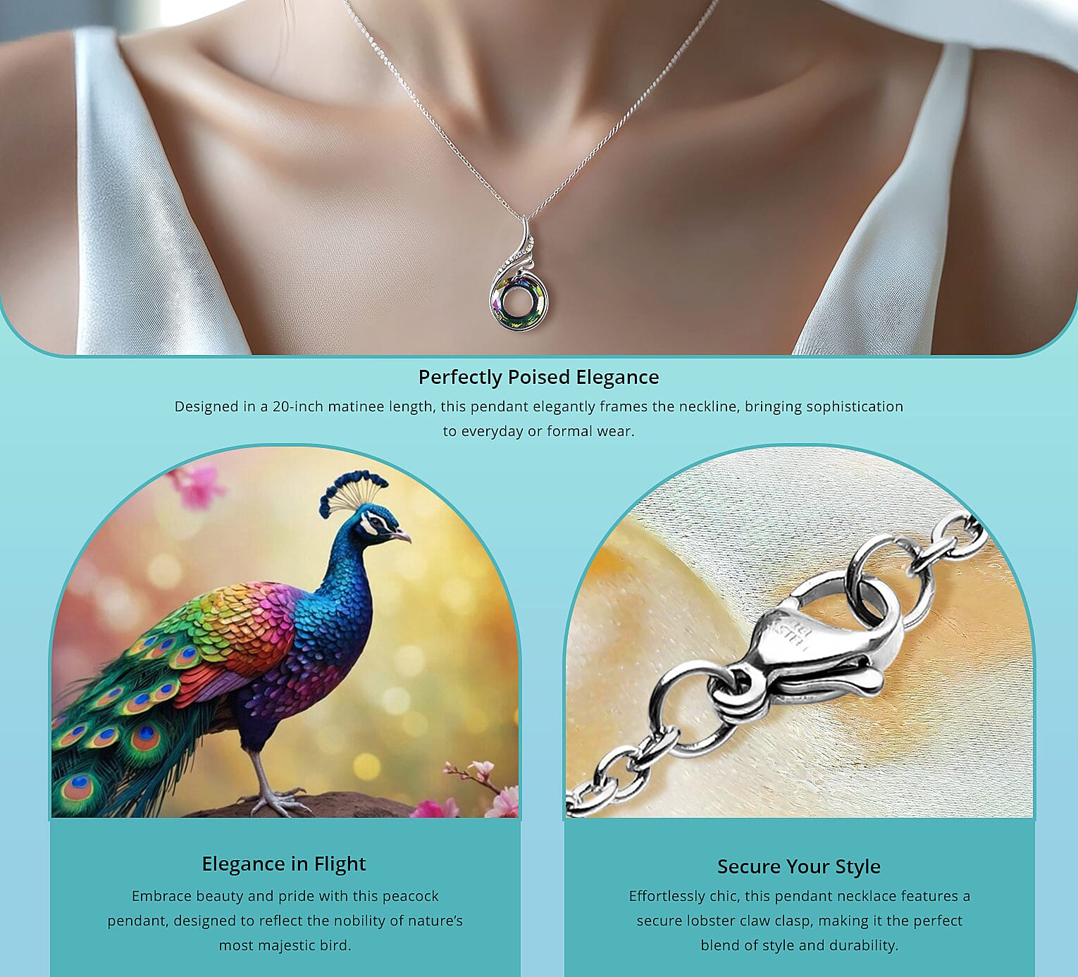 Glass and Multi Color Austrian Crystal Peacock Pendant Necklace in Stainless Steel Banner