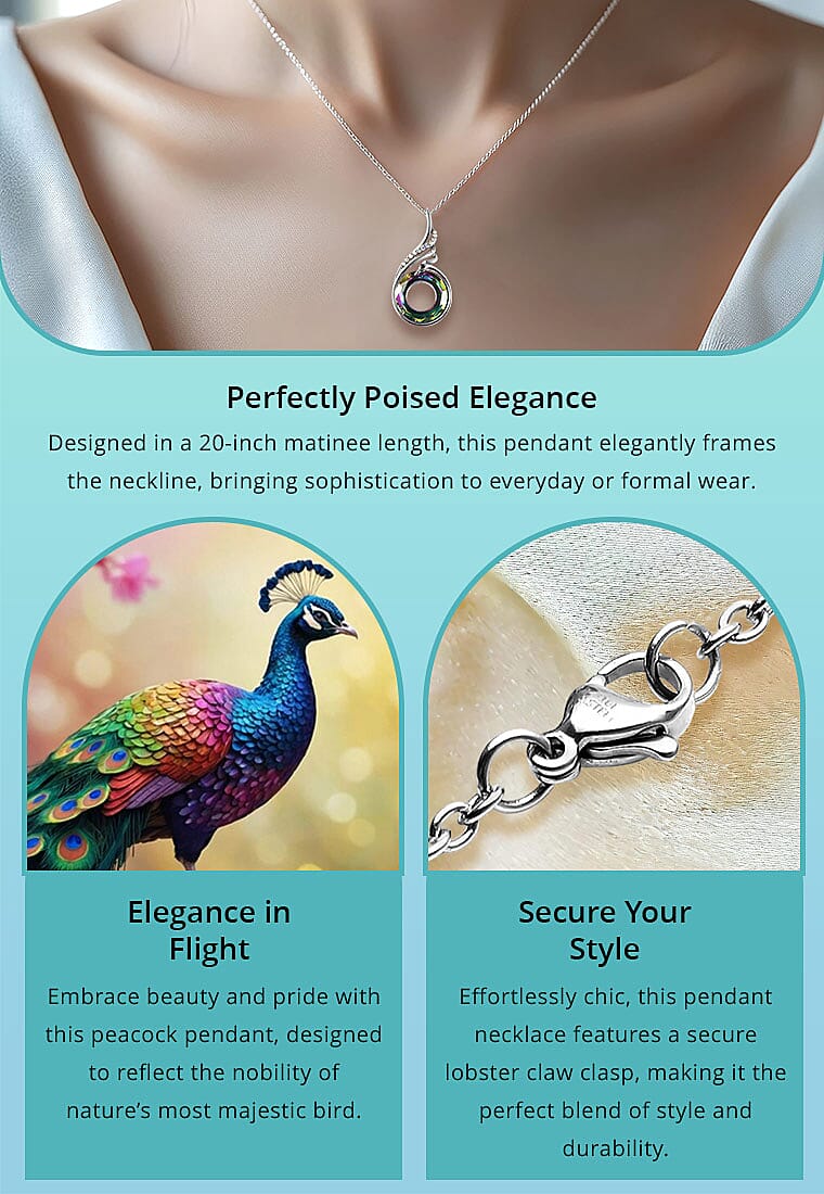 Glass and Multi Color Austrian Crystal Peacock Pendant Necklace in Stainless Steel Banner