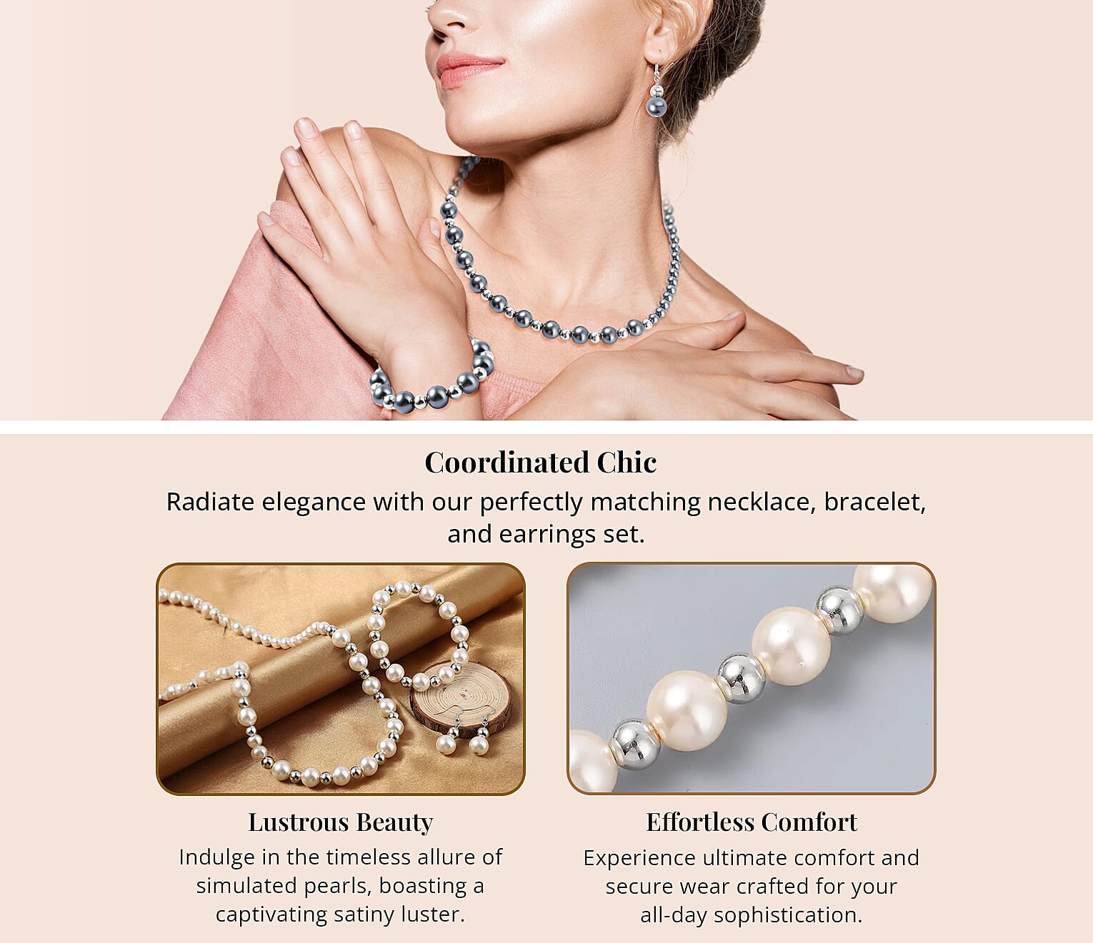 Simulated White Pearl and Resin Stretch Bracelet and Earring and Necklace 21-23 Inches in Silvertone & Stainless Steel Banner