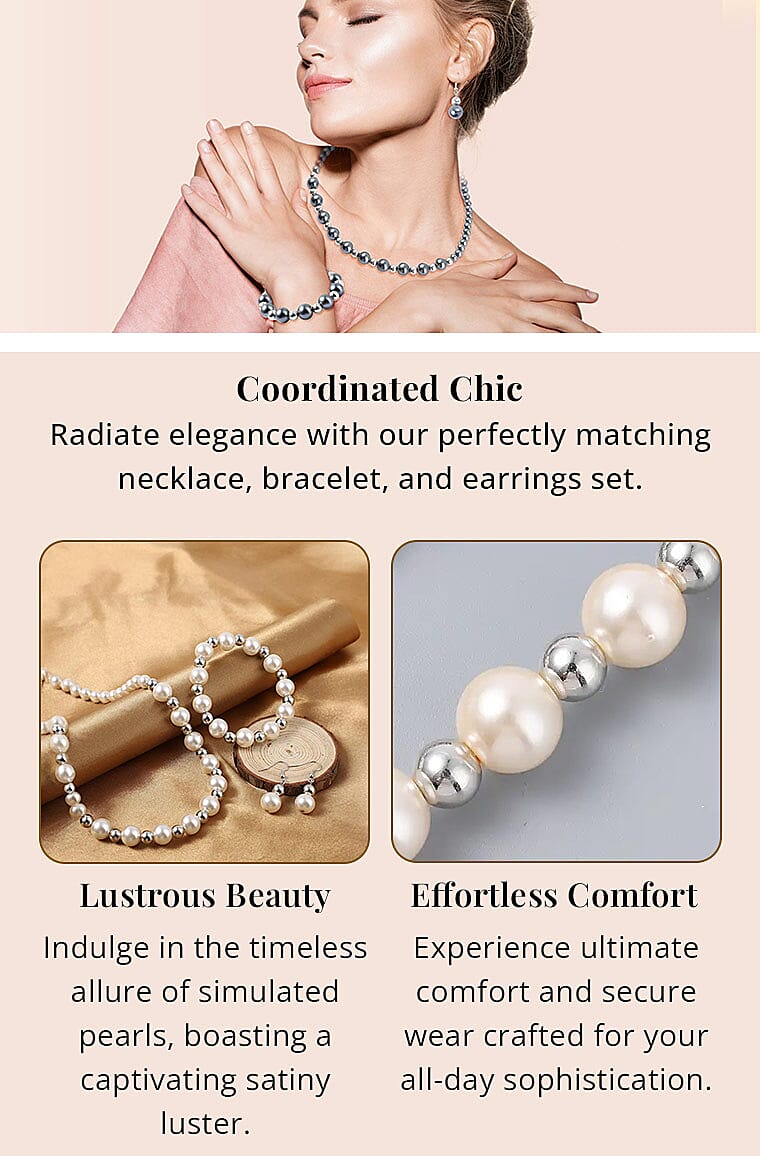 Simulated White Pearl and Resin Stretch Bracelet and Earring and Necklace 21-23 Inches in Silvertone & Stainless SteelBanner