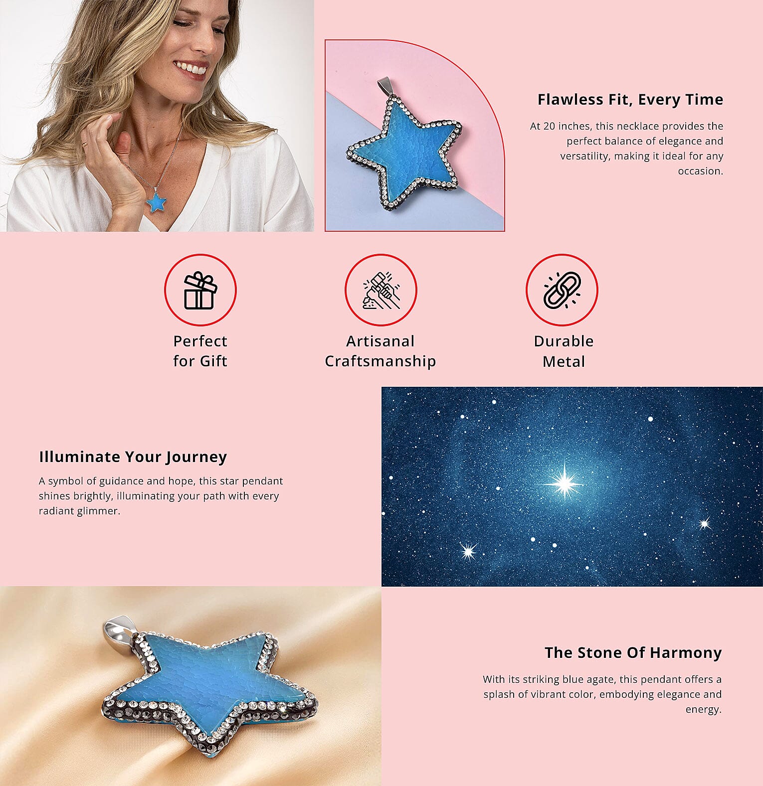 Blue Agate, White and Hematite Color Austrian Crystal Star Pendant Necklace in Silvertone Banner