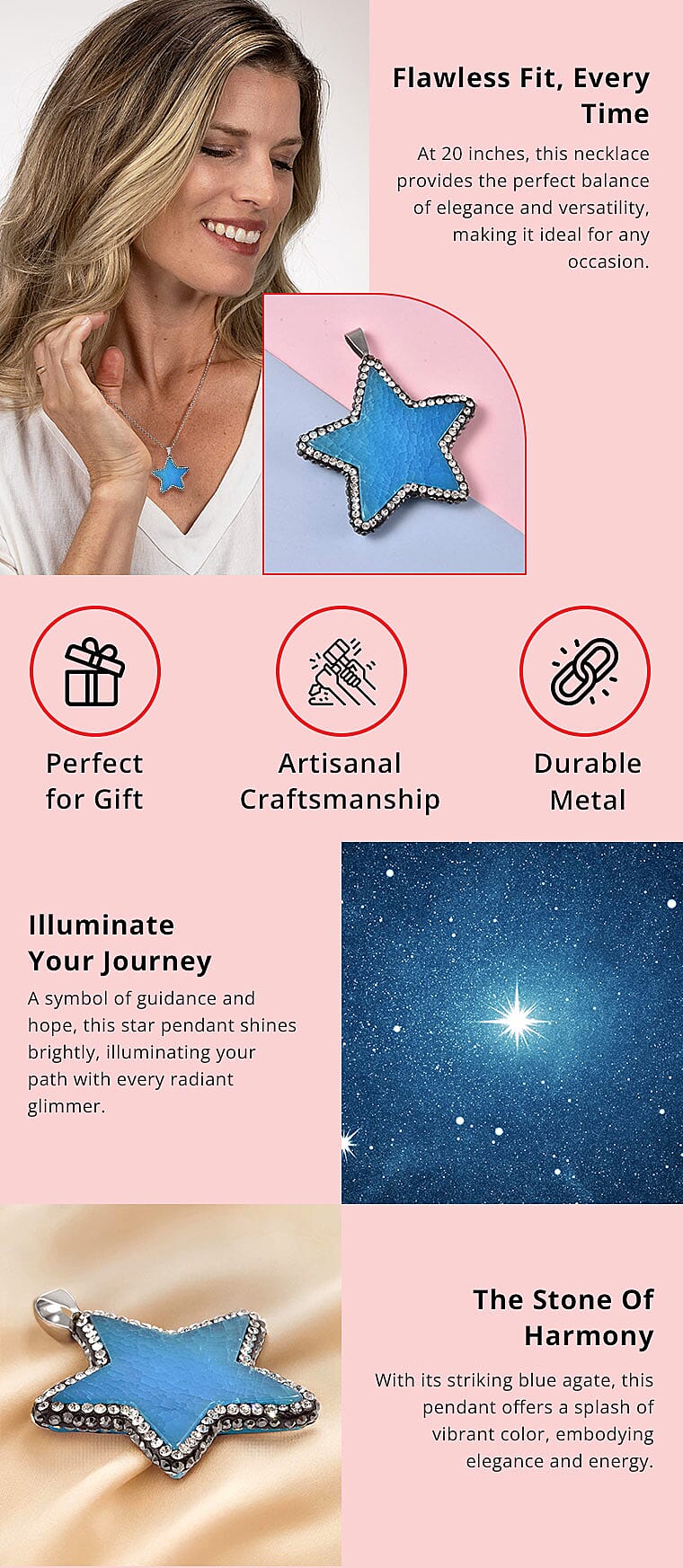 Blue Agate, White and Hematite Color Austrian Crystal Star Pendant Necklace in Silvertone Banner