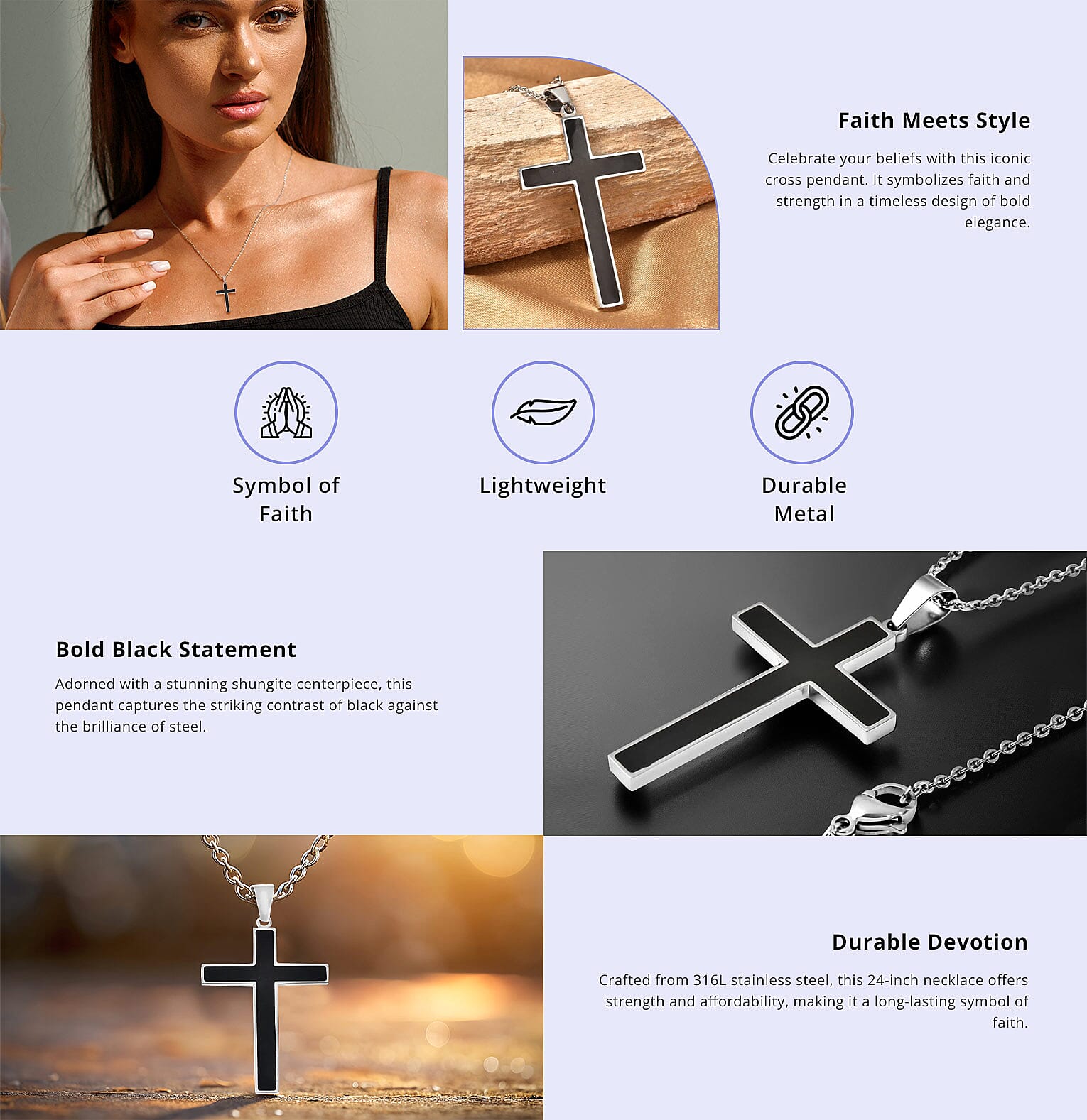 Constituted Shungite Inlay Cross Pendant Necklace Banner
