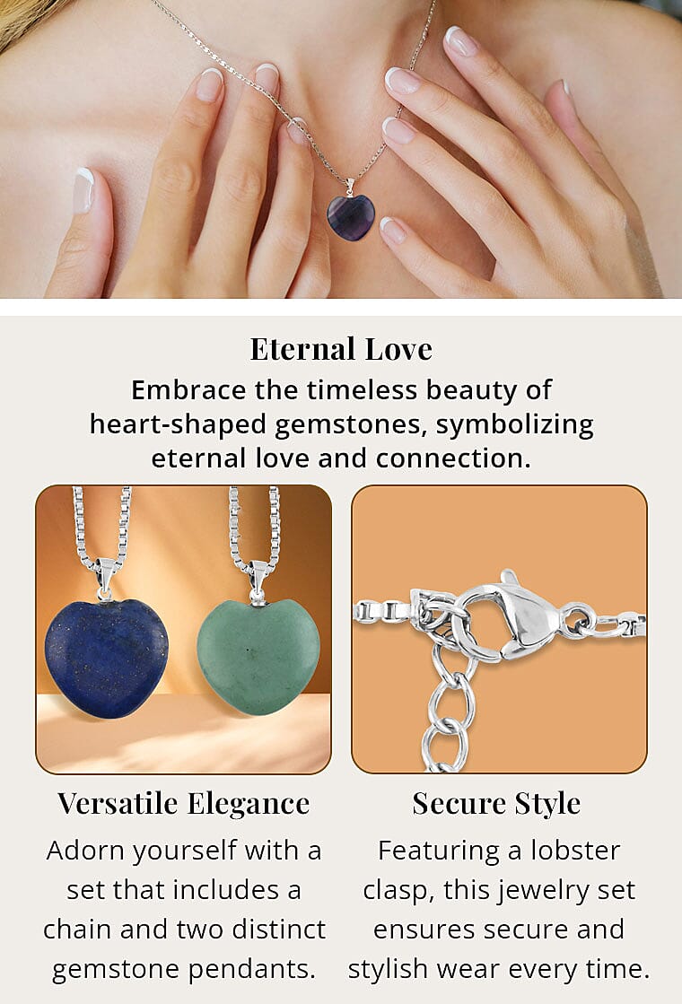 Tiger's Eye and Multi Fluorite Set of 2 Heart Pendant with Necklace in Stainless SteelBanner