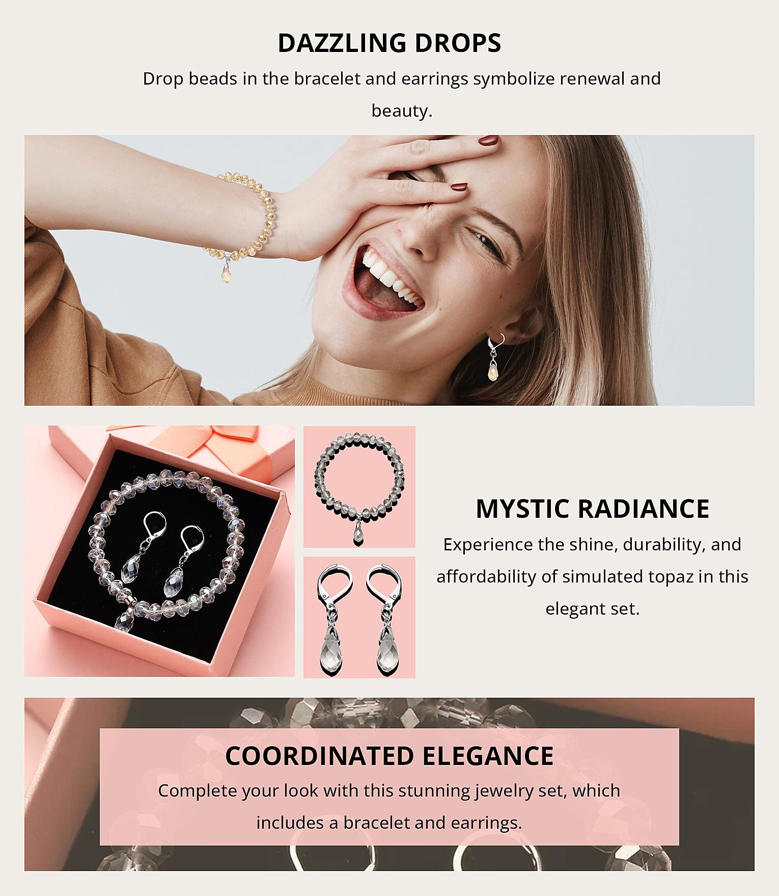 Simulated White Mystic Color Topaz Beaded Bracelet and Drop Earrings in Silvertone & Stainless Steel Banner