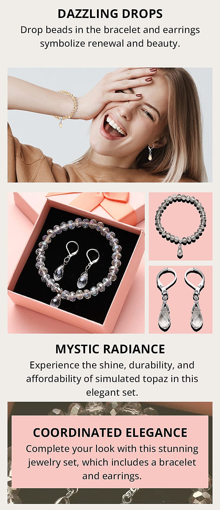 Simulated White Mystic Color Topaz Beaded Bracelet and Drop Earrings in Silvertone & Stainless SteelBanner