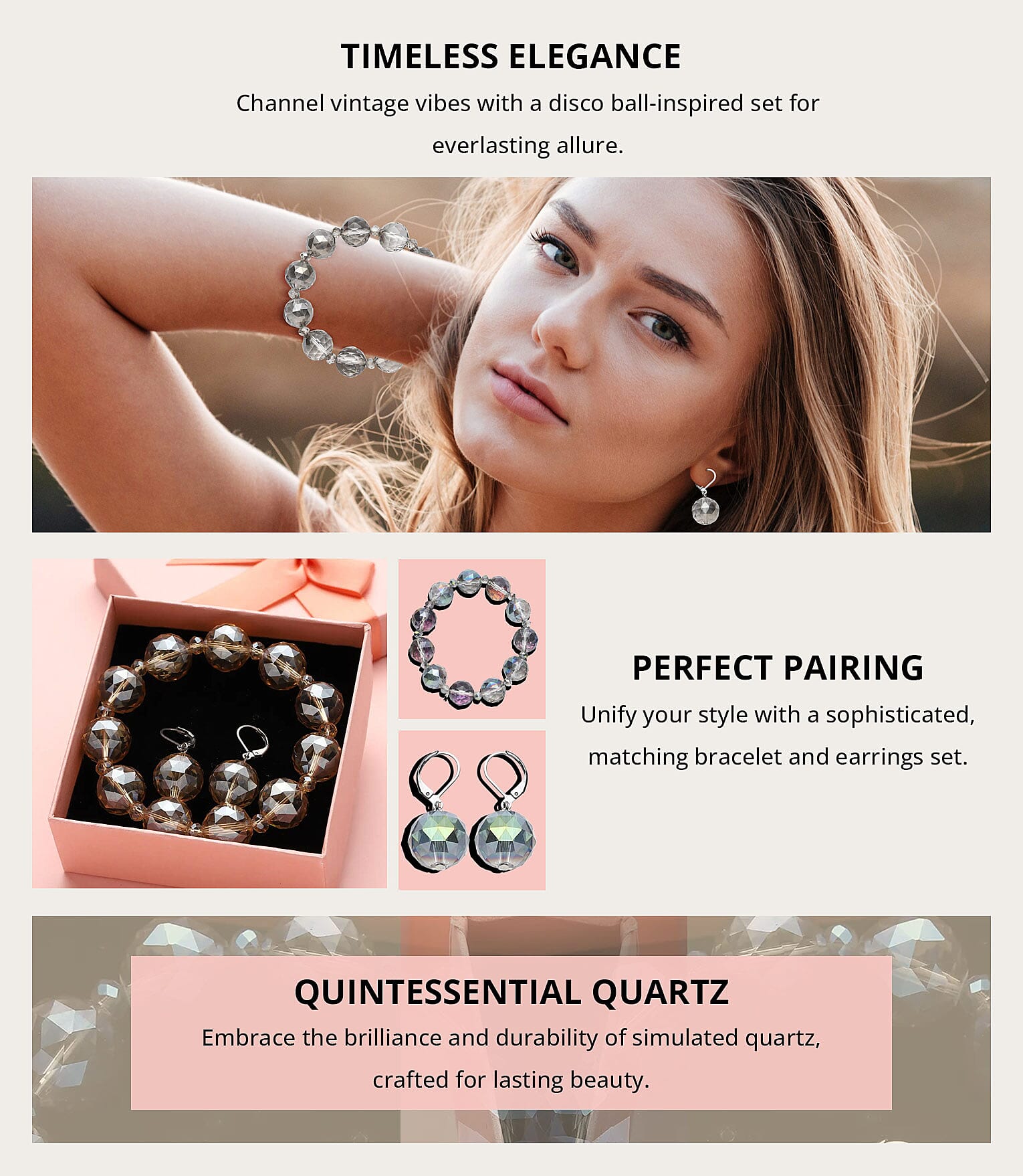 Simulated Gray Quartz Beaded Bracelet and Drop Earrings in Silvertone Banner