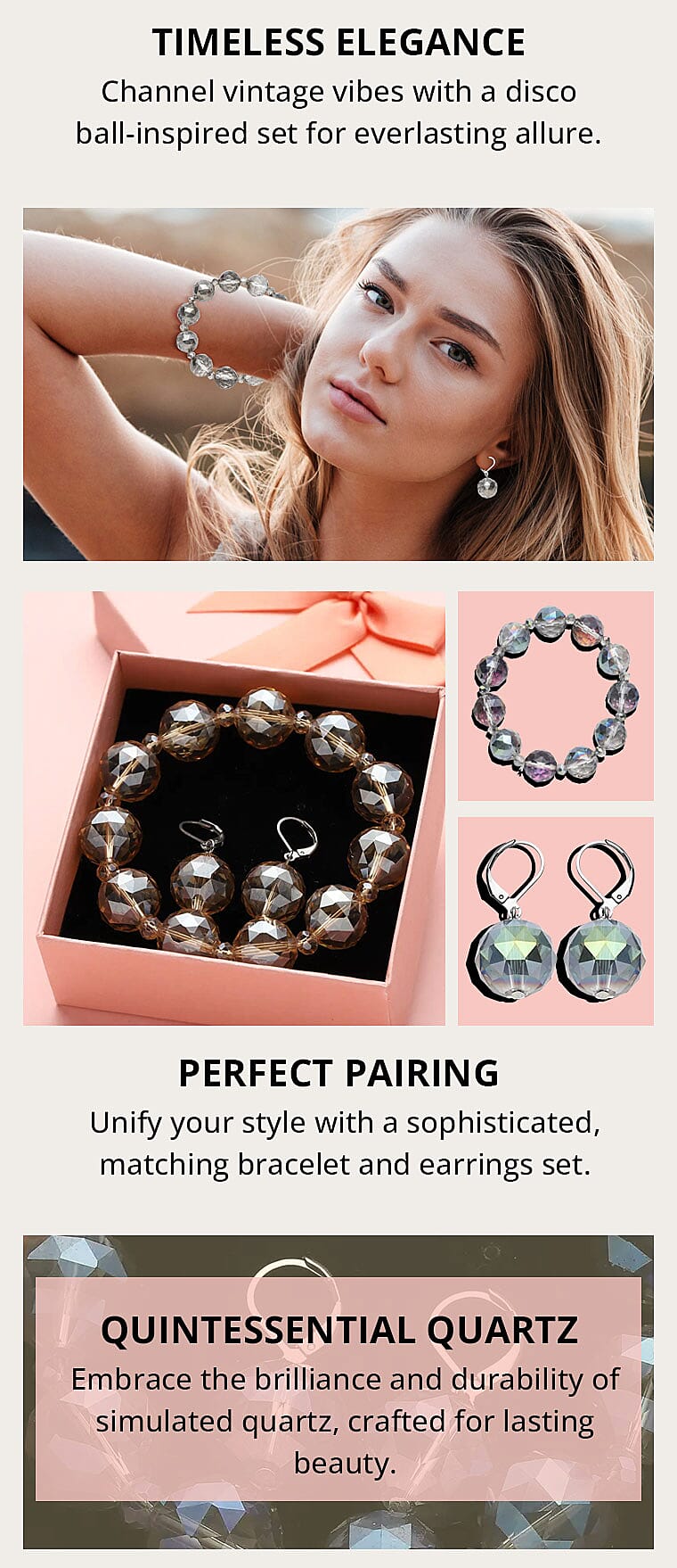 Simulated Gray Quartz Beaded Bracelet and Drop Earrings in SilvertoneBanner