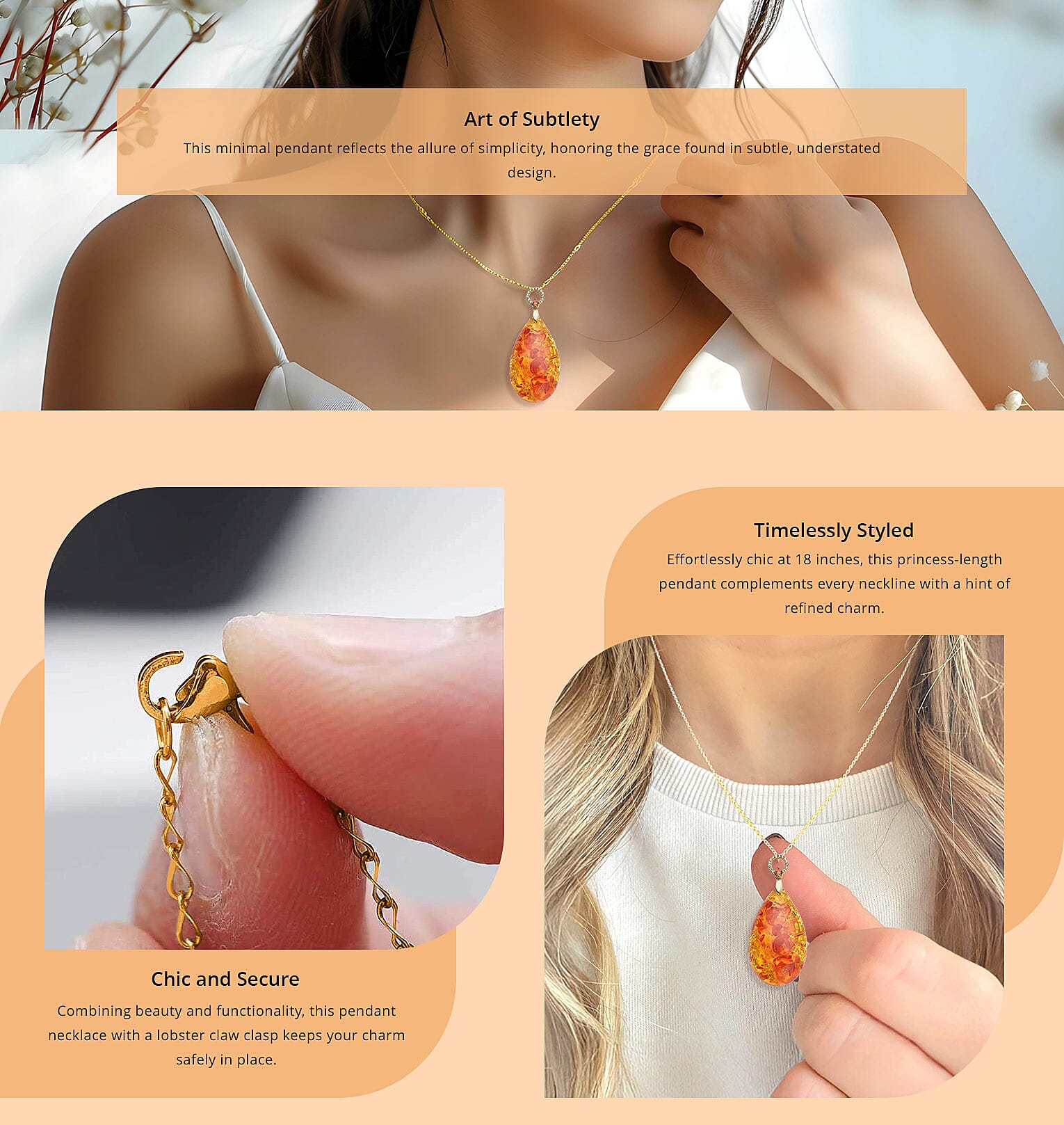 Simulated Amber and Simulated White and Orange Diamond Pendant Necklace Banner