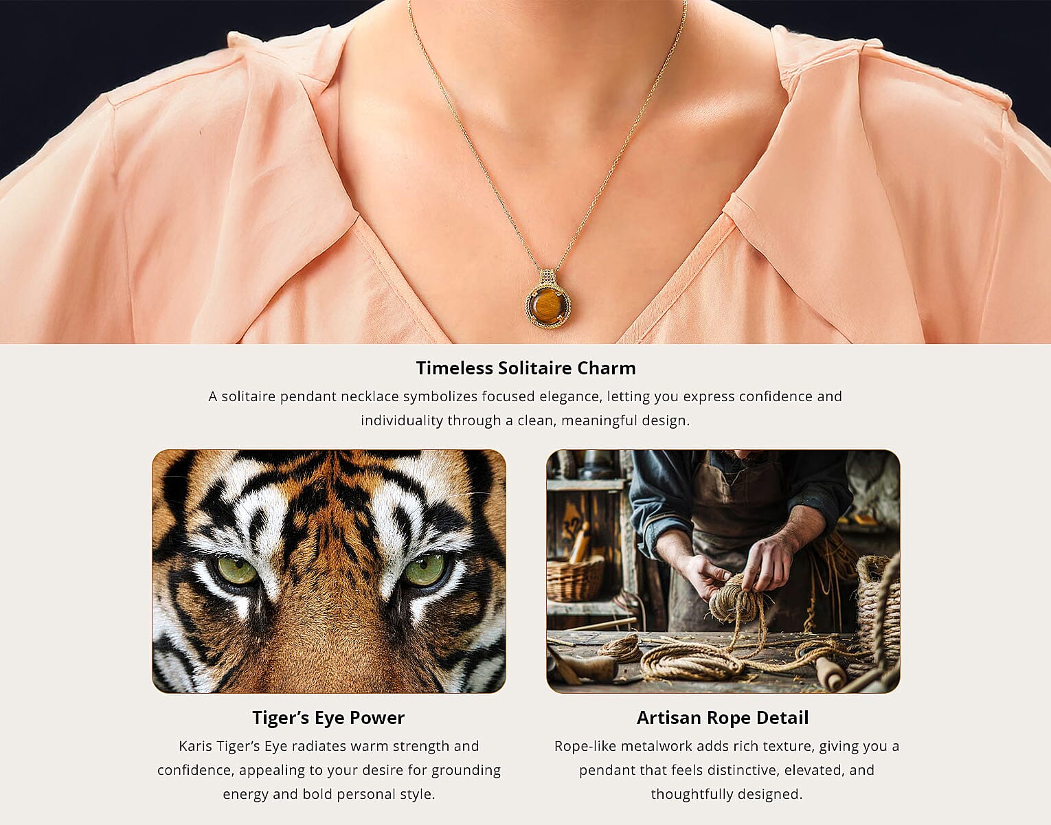 Karis Tiger's Eye 11.50 ctw Solitaire Pendant Necklace in 18K YG Plated with ION Plated YG Stainless Steel 20 Inches Banner