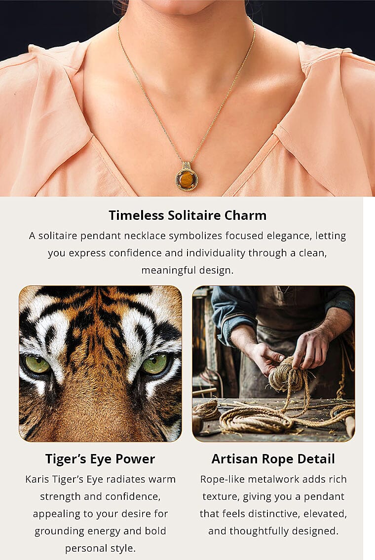 Karis Tiger's Eye 11.50 ctw Solitaire Pendant Necklace in 18K YG Plated with ION Plated YG Stainless Steel 20 Inches Banner