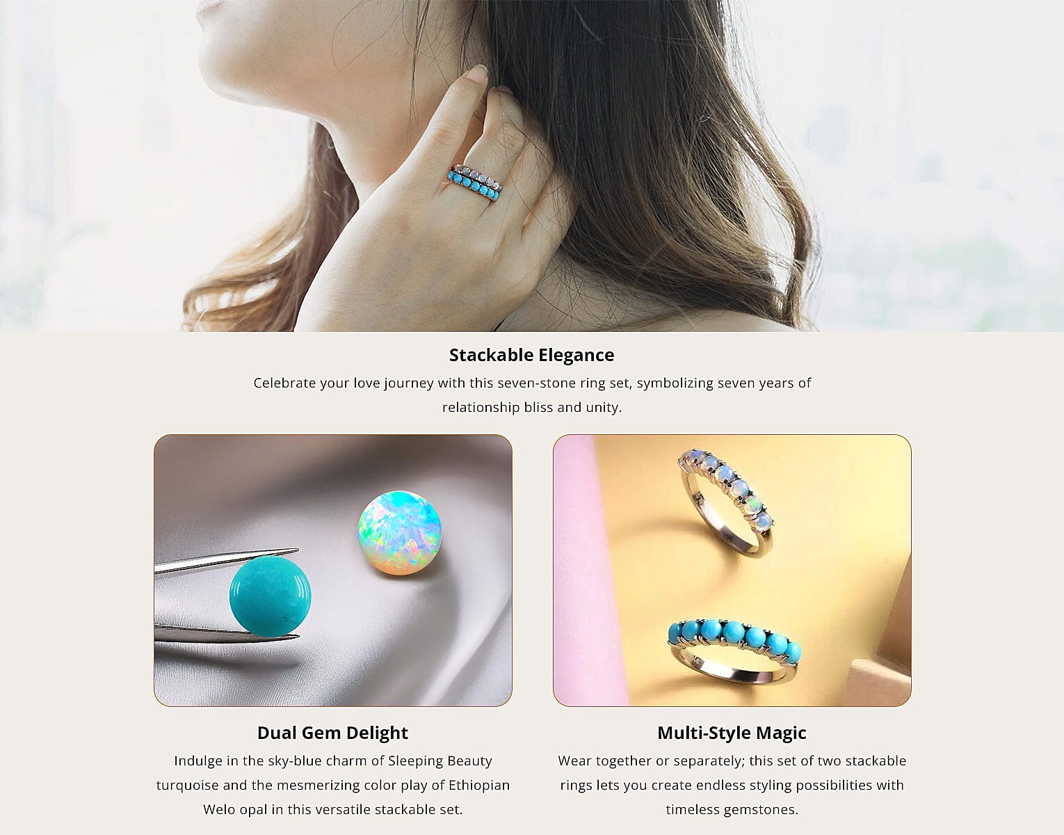 Sleeping Beauty Turquoise and Ethiopian Welo Opal Stackable Wedding Band Ring Banner