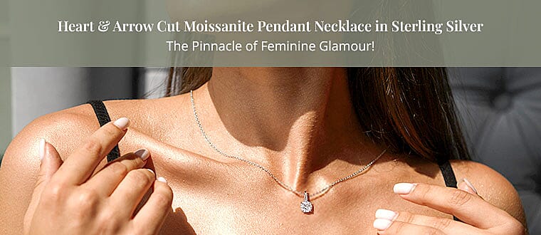 Heart & Arrow Cut Moissanite Pendant Necklace in Sterling Silver Banner