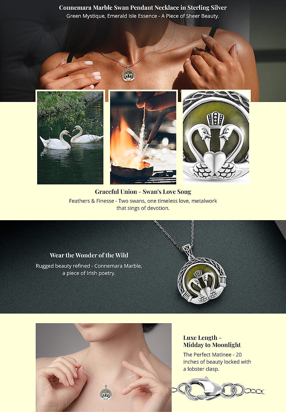 Connemara Marble Swan Pendant Necklace in Sterling Silver Banner