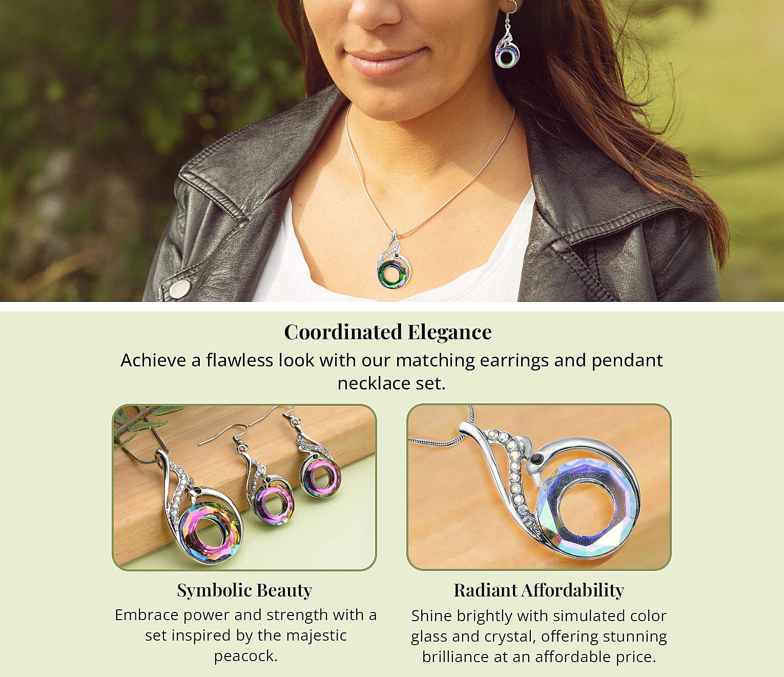 Simulated Green Mystic Color Glass and Multi Color Crystal Peacock Earrings and Pendant Necklace 20-22 Inches in Silvertone Banner