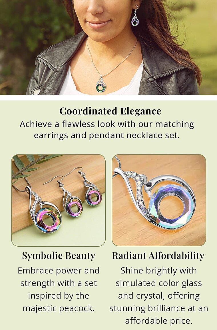 Simulated Green Mystic Color Glass and Multi Color Crystal Peacock Earrings and Pendant Necklace 20-22 Inches in SilvertoneBanner