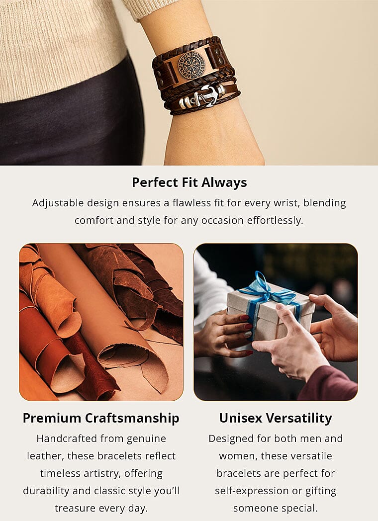 Set of 2 Brown Color Genuine Leather and Dualtone Adjustable Bracelet Banner