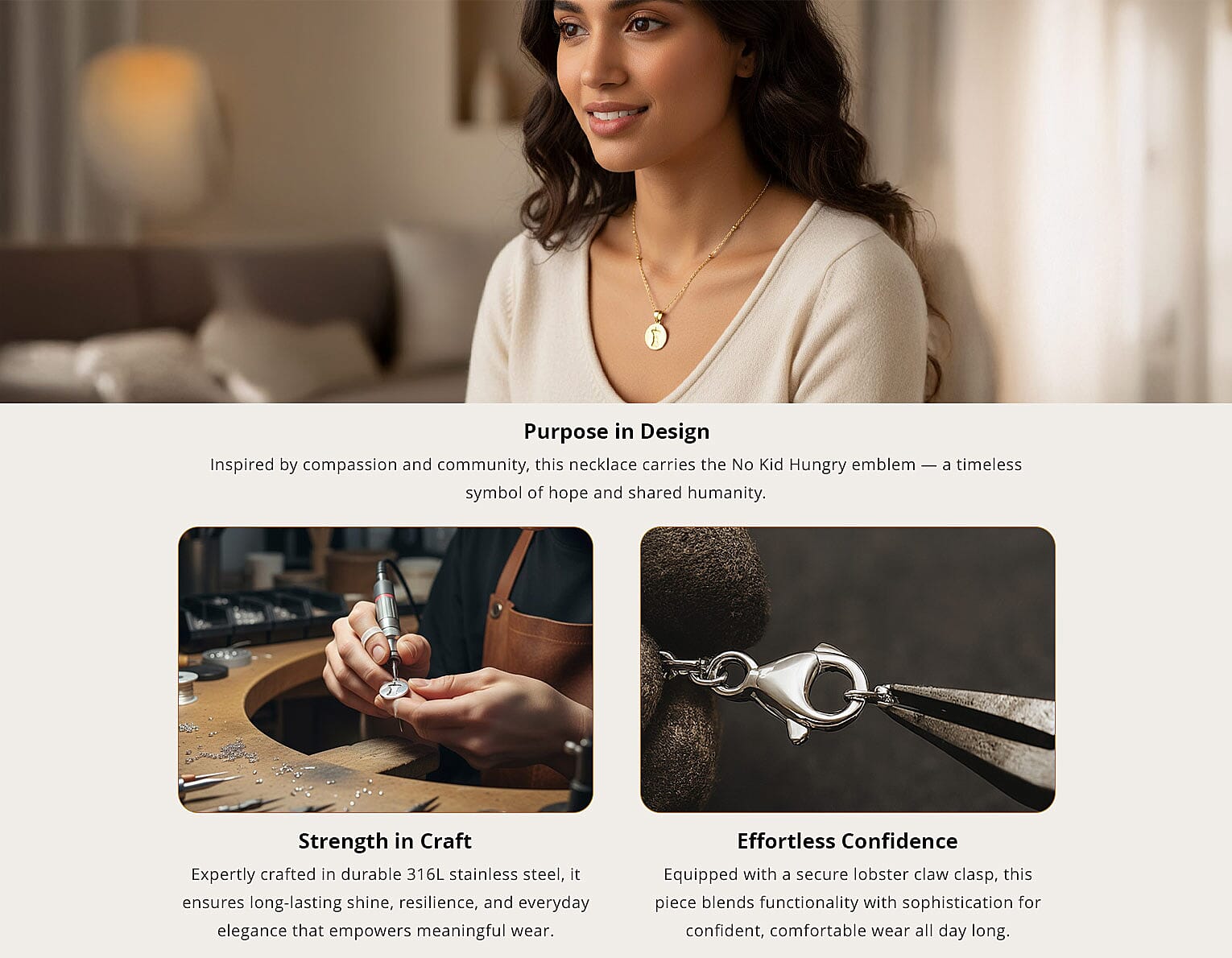 No Kid Hungry Embossed Logo Coin Pendant Necklace (18 inches) in ION Plated YG Stainless Steel , Tarnish-Free, Waterproof, Sweat Proof Jewelry Banner