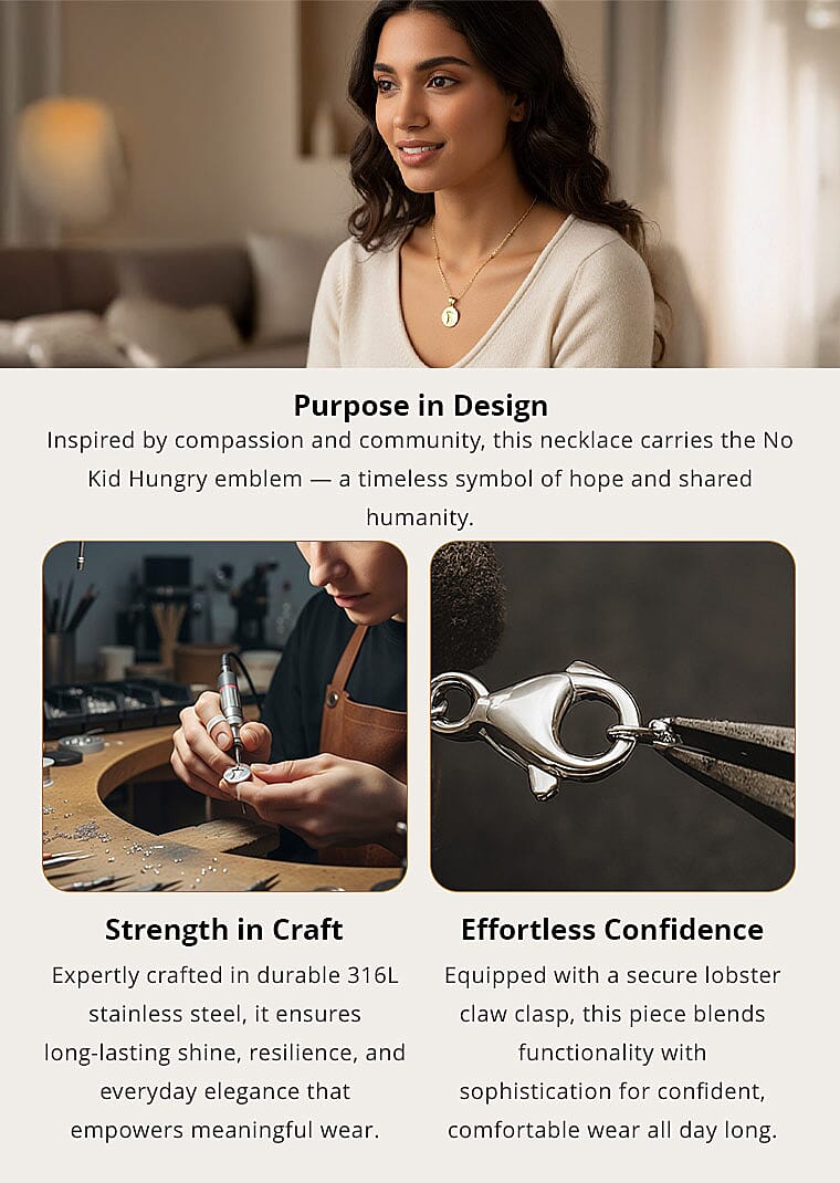 No Kid Hungry Embossed Logo Coin Pendant Necklace (18 inches) in ION Plated YG Stainless Steel , Tarnish-Free, Waterproof, Sweat Proof Jewelry Banner