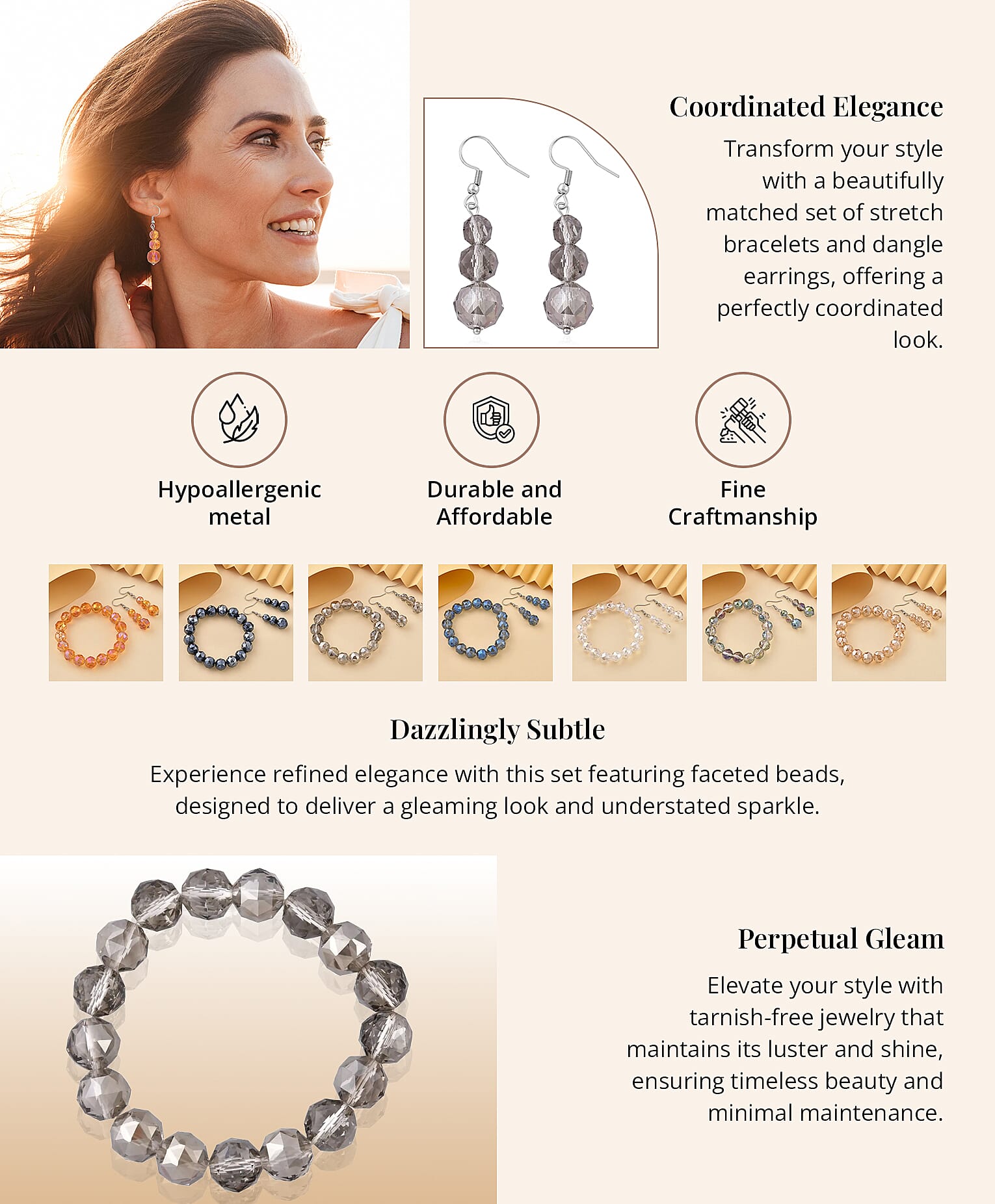 Glass Beaded Stretch Bracelet and Dangle Earrings in Stainless Steel Banner