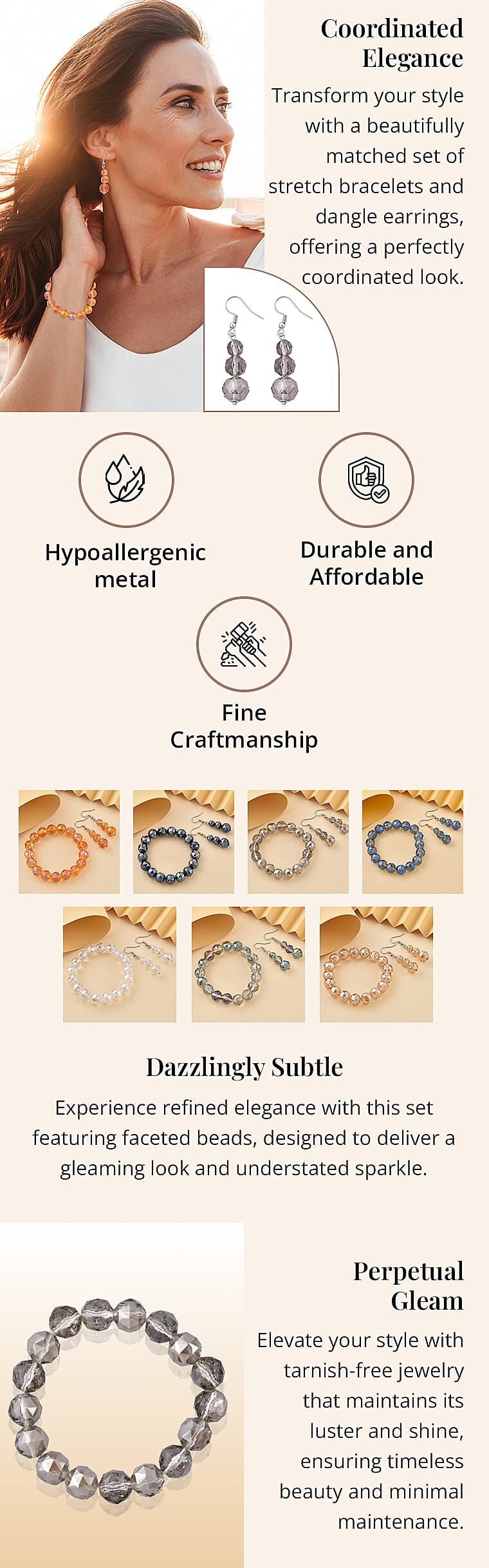 Glass Beaded Stretch Bracelet and Dangle Earrings in Stainless SteelBanner