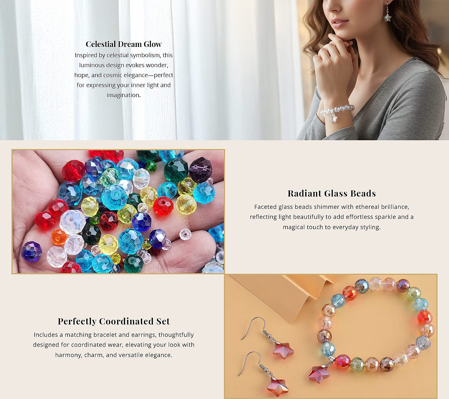 White Aurora Borealis Glass Beaded Star Charm Bracelet (6.50In) and Drop Earrings in Silvertone and Stainless Steel , Tarnish-Free, Waterproof, Sweat Proof Jewelry Banner