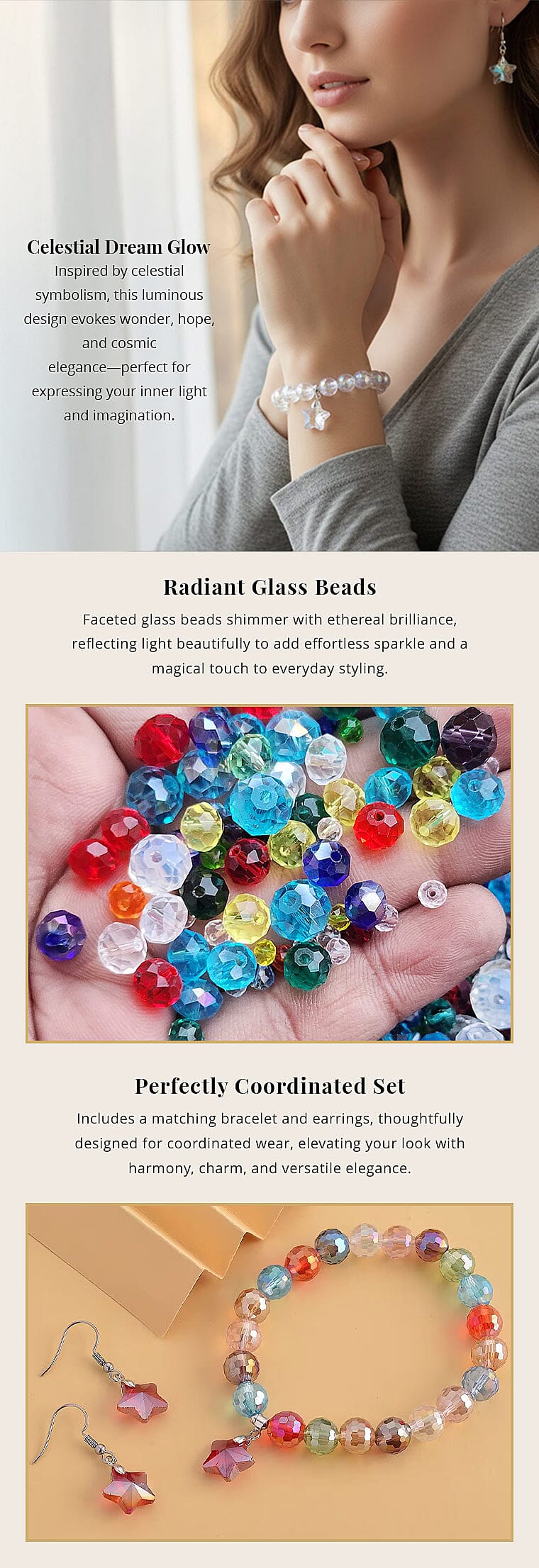 White Aurora Borealis Glass Beaded Star Charm Bracelet (6.50In) and Drop Earrings in Silvertone and Stainless Steel , Tarnish-Free, Waterproof, Sweat Proof Jewelry Banner