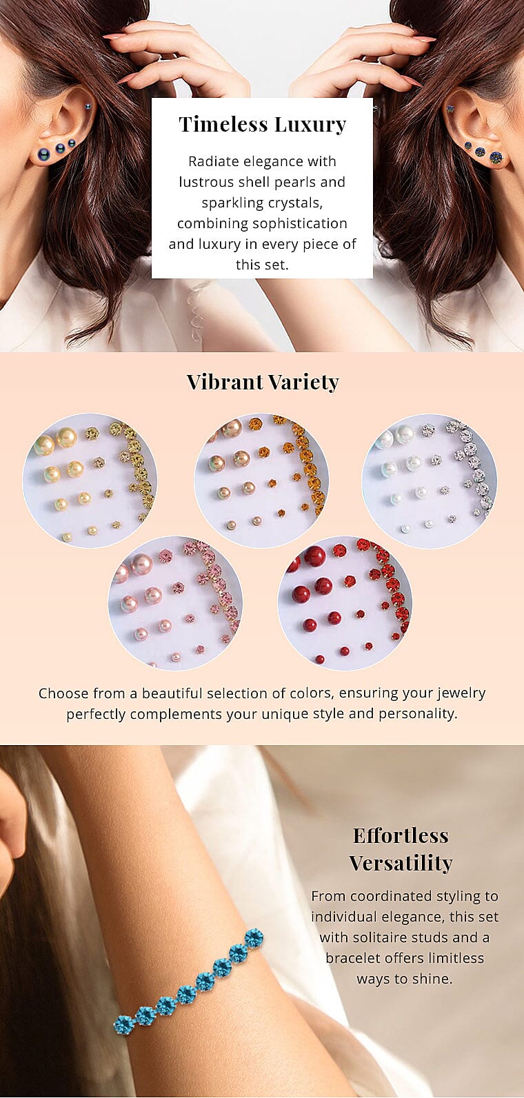 9pcs Jewelry Set - 4pcs Peacock Shell Pearl Earrings, 4pcs Multi Color Crystal Earrings and 1pc Bracelet Banner