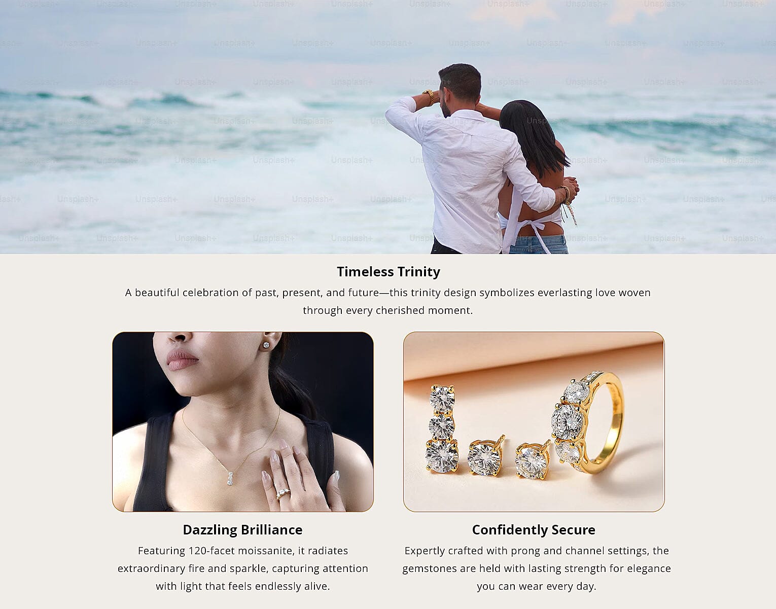120 Facet Moissanite (Rnd 6.5mm) Trilogy Ring , Pendant without Chain and Stud Earrings Jewelry Set For Women in Vermeil YG Over Sterling Silver 6.20 ctw Banner