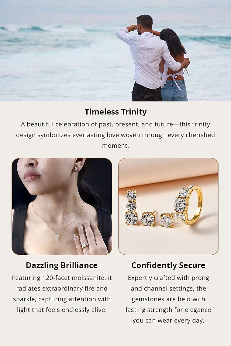 120 Facet Moissanite (Rnd 6.5mm) Trilogy Ring , Pendant without Chain and Stud Earrings Jewelry Set For Women in Vermeil YG Over Sterling Silver 6.20 ctw Banner