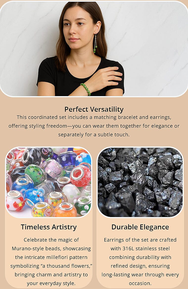 Green Color Murano Style Beaded Stretch Bracelet and Earrings in Stainless Steel , Tarnish-Free, Waterproof, Sweat Proof Jewelry Banner