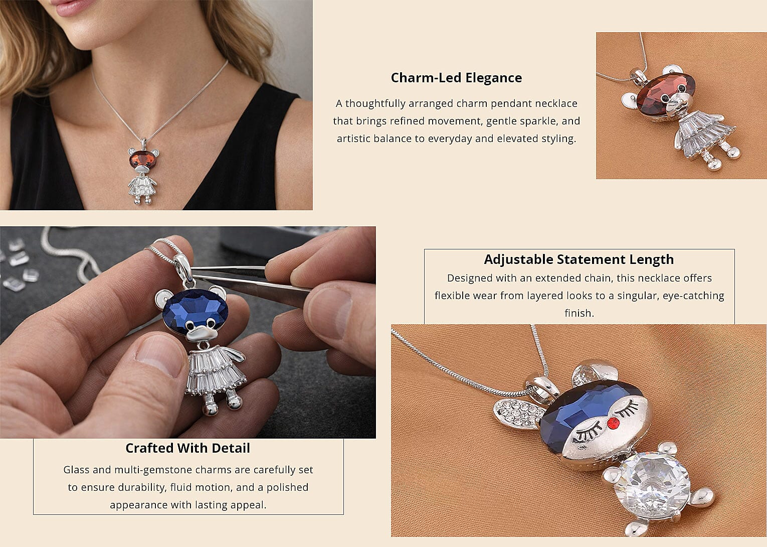 Burgundy Glass and Multi Gemstone Doll Charm Pendant Necklace 20-30 Inches in Silvertone 7.00 ctw Banner