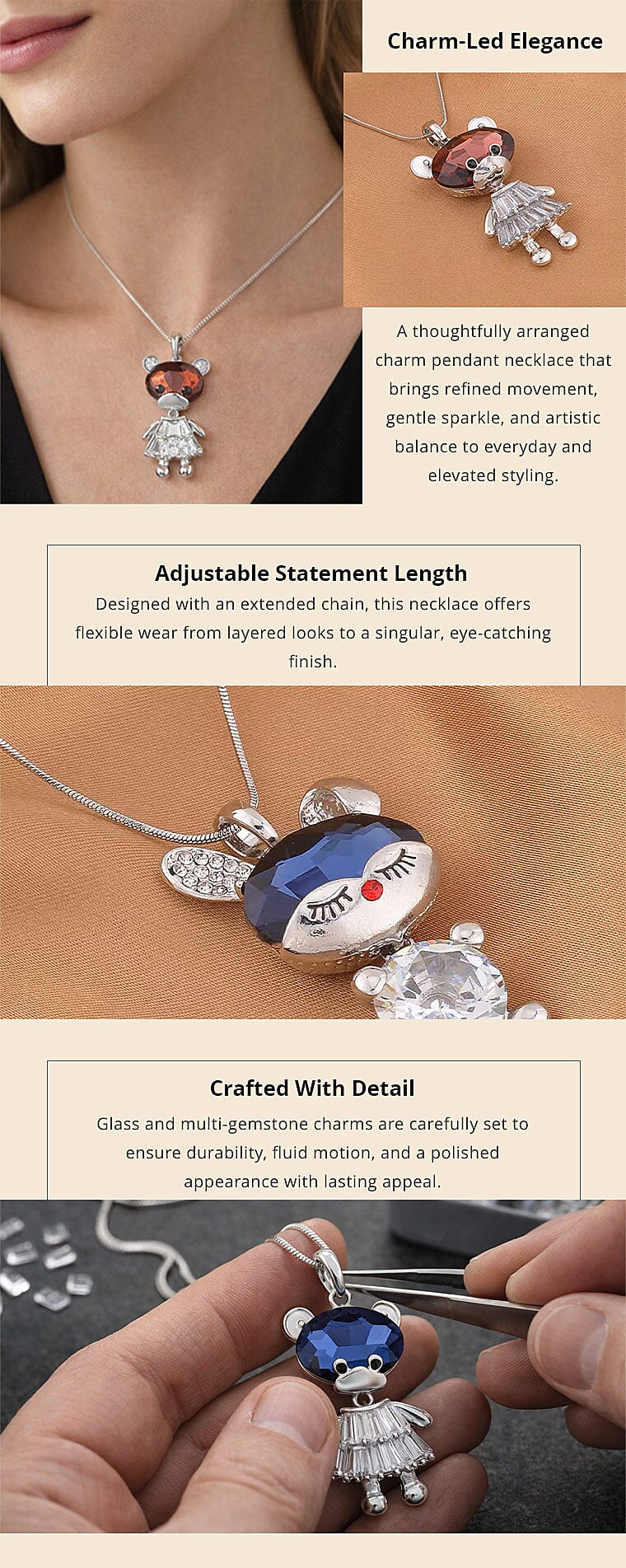 Burgundy Glass and Multi Gemstone Doll Charm Pendant Necklace 20-30 Inches in Silvertone 7.00 ctw Banner