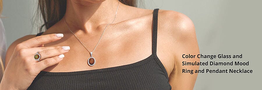 Color Change Glass and Simulated Diamond Mood Ring and Pendant Necklace Banner