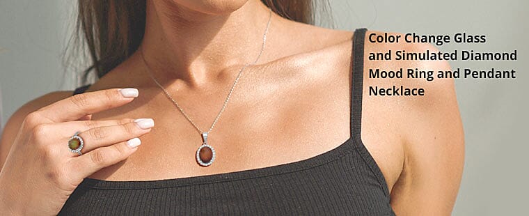 Color Change Glass and Simulated Diamond Mood Ring and Pendant Necklace Banner