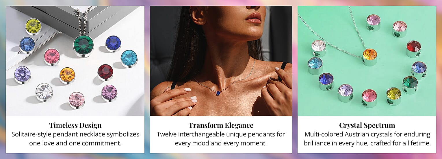 Multi Color Austrian Crystal 12 Pcs Pendant with Necklace 20 Inches in Silvertone Banner