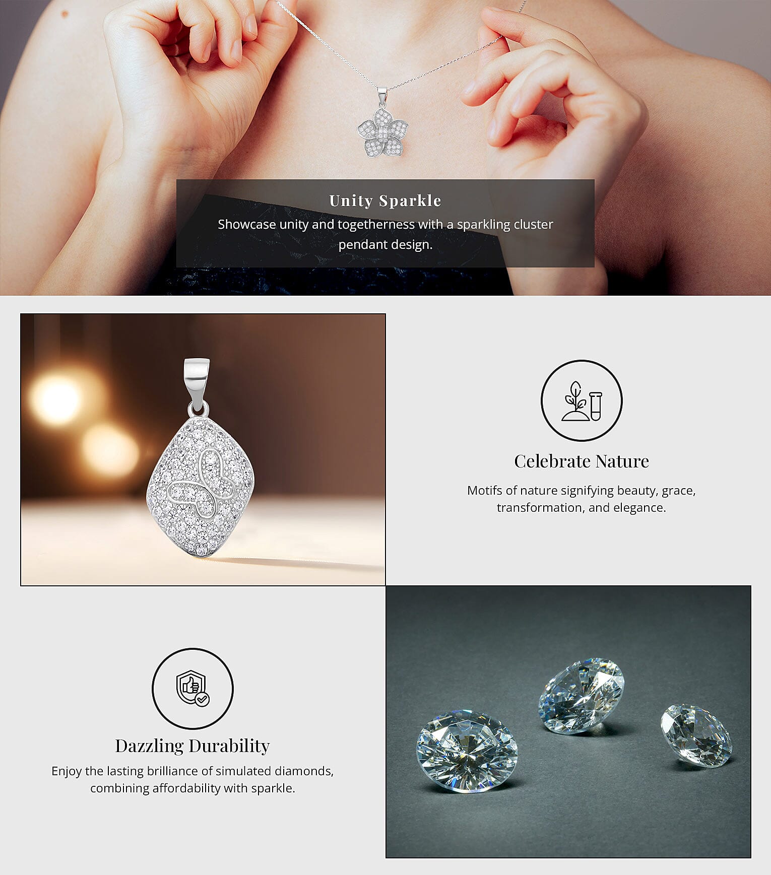 Simulated Diamond Pendant in Rhodium Over Sterling Silver Banner