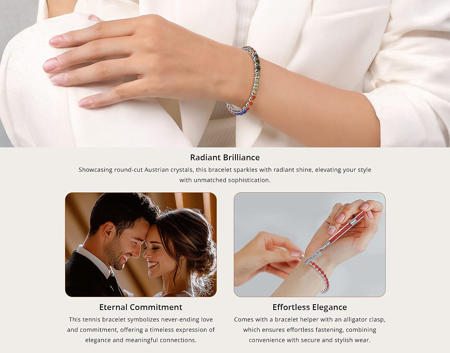 Aurora Borealis Color Austrian Crystal Tennis Bracelet (7.50In) and Bracelet Helper Banner