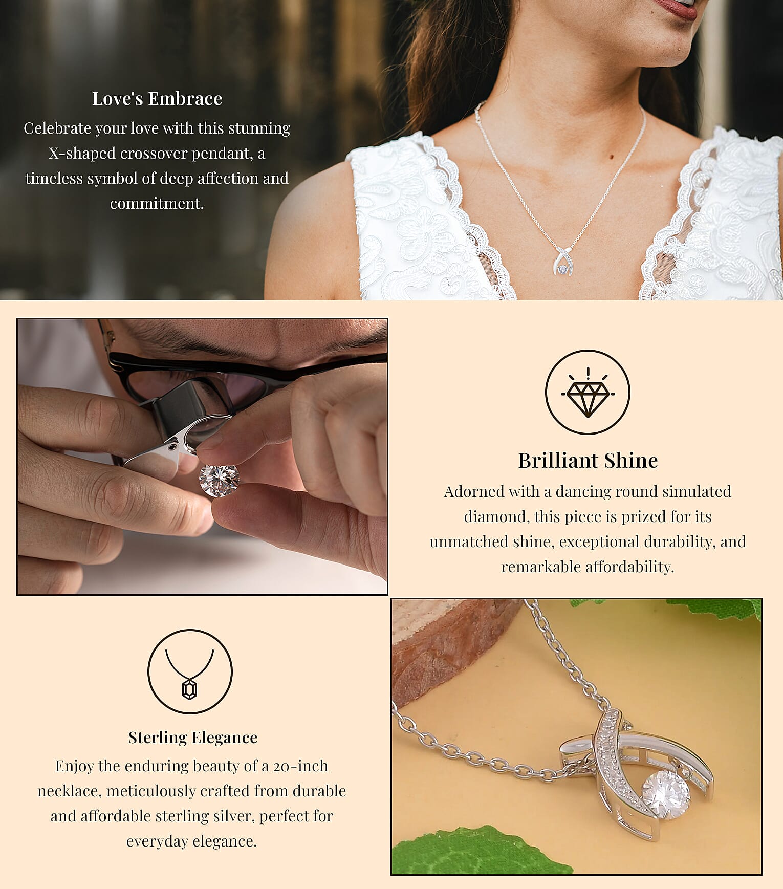 Simulated Diamond 0.90 ctw Dancing X Shaped Crossover Pendant Necklace in Rhodium Over Sterling Silver Banner