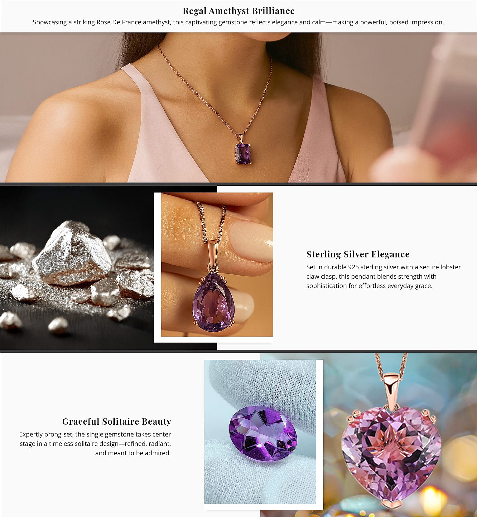 Rose De France Amethyst Solitaire 26.00 ctw Pendant Necklace,Solitaire Pendant, 20 Inches Necklace, Sterling Silver Necklace, Amethyst Solitaire Pendant Banner